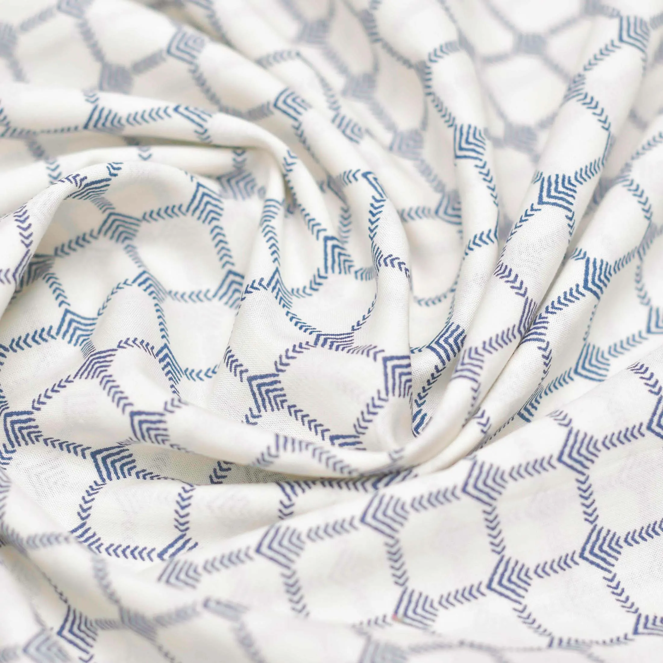 Cream and Blue Checkered Screen Printed Cotton Fabric