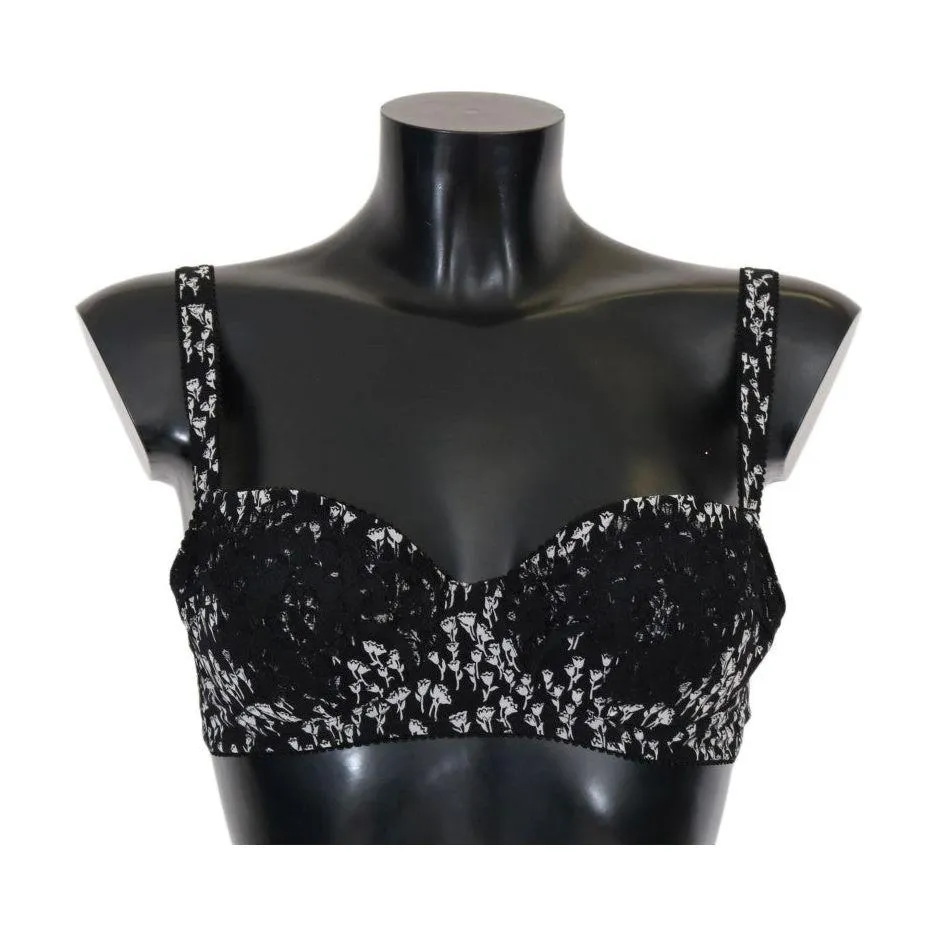 Dolce & Gabbana Elegant Black Floral Lace Silk Bra