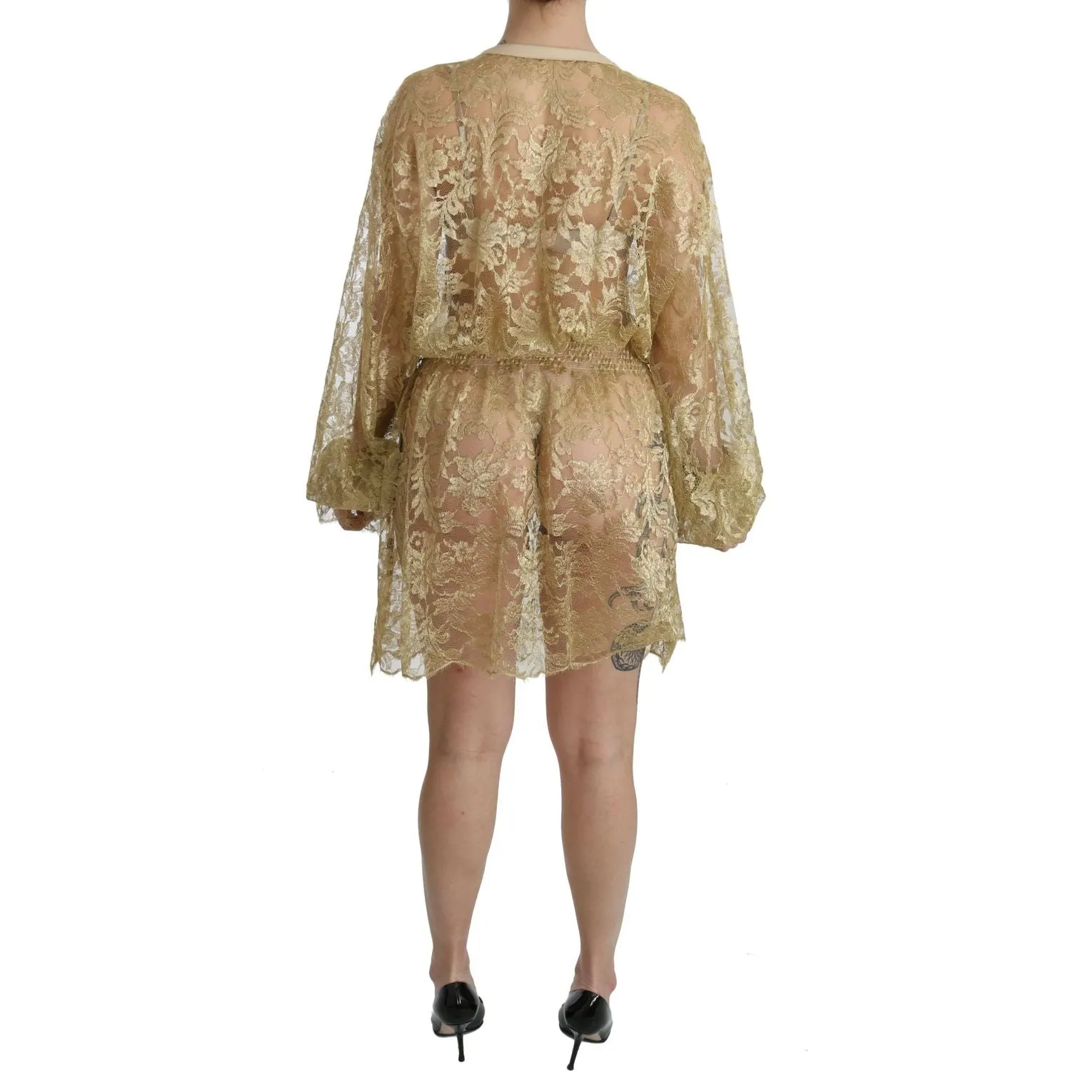 Dolce & Gabbana Elegant Gold Lace A-Line Knee Length Dress