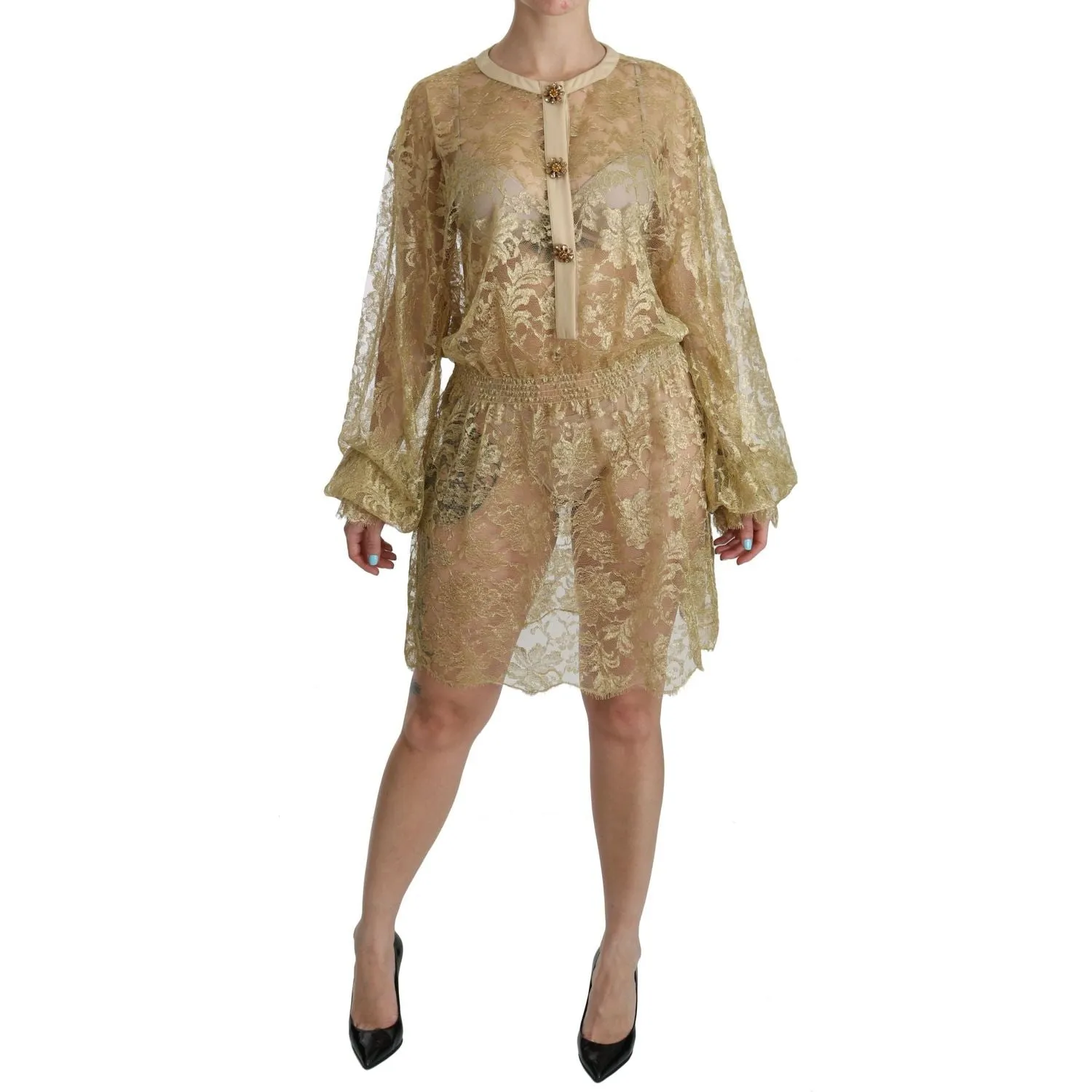 Dolce & Gabbana Elegant Gold Lace A-Line Knee Length Dress