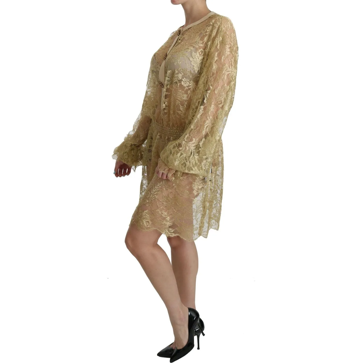 Dolce & Gabbana Elegant Gold Lace A-Line Knee Length Dress