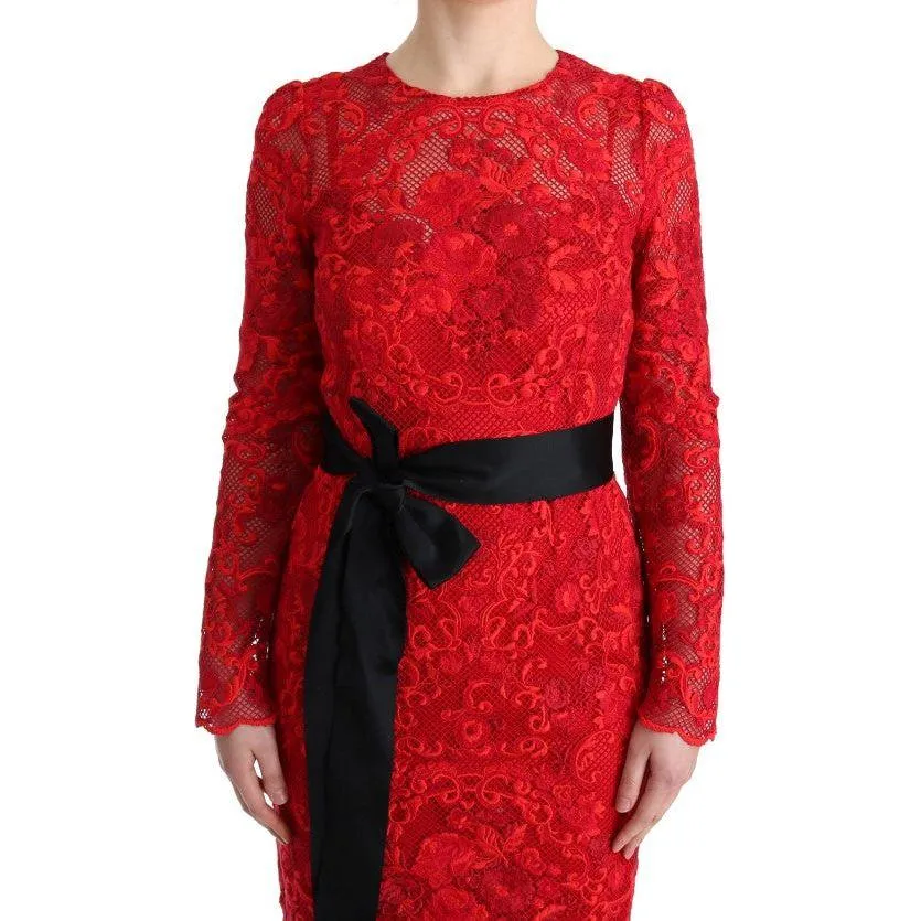 Dolce & Gabbana Elegant Red Sheath Dress with Silk Bow Belt