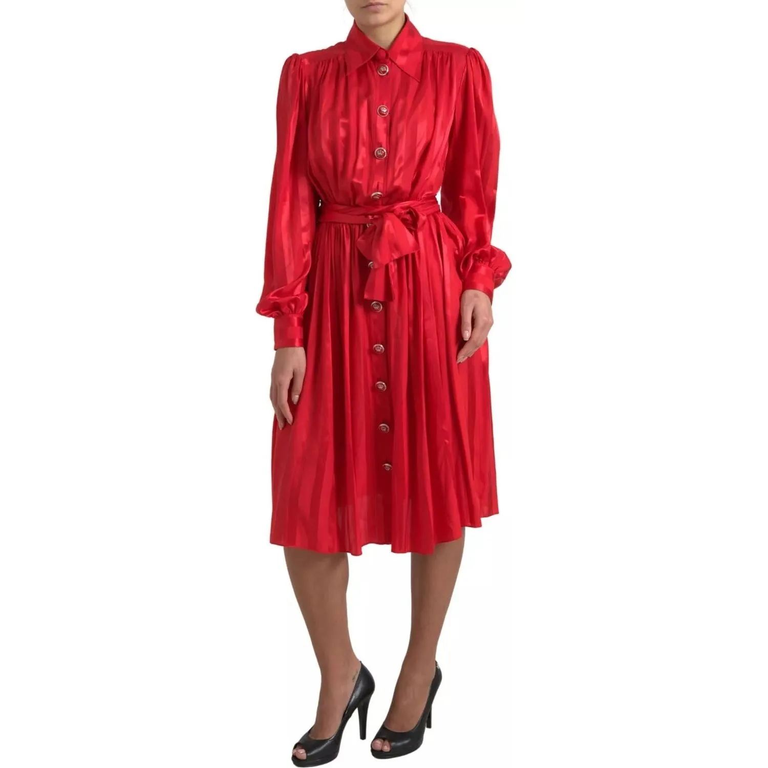 Dolce & Gabbana Elegant Red Silk Midi Dress with Button Detail