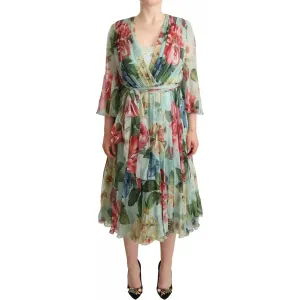 Dolce & Gabbana Green Floral Long Sleeve V-neck Midi Dress