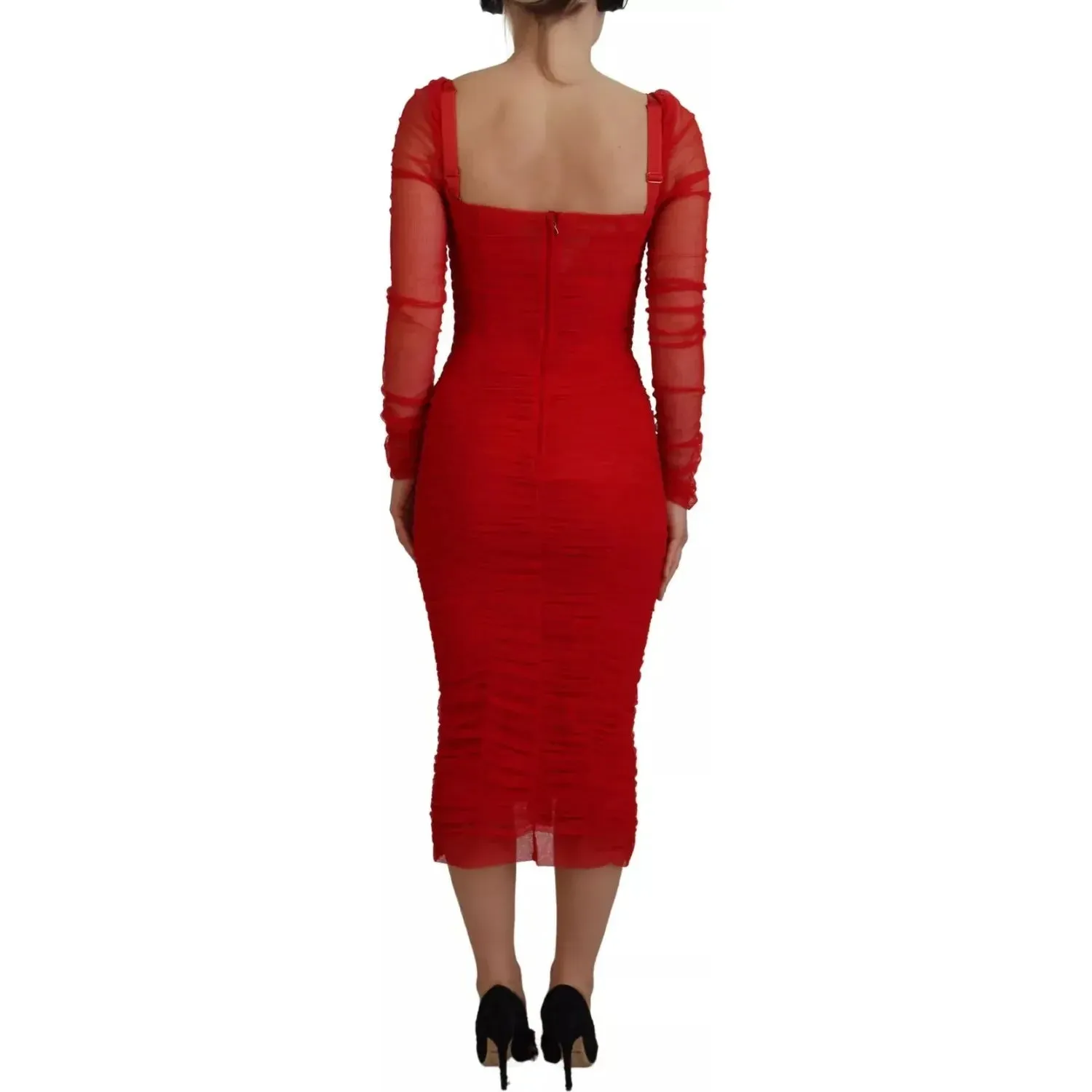 Dolce & Gabbana Red Mesh Trim Bodycon Sheath Midi Dress