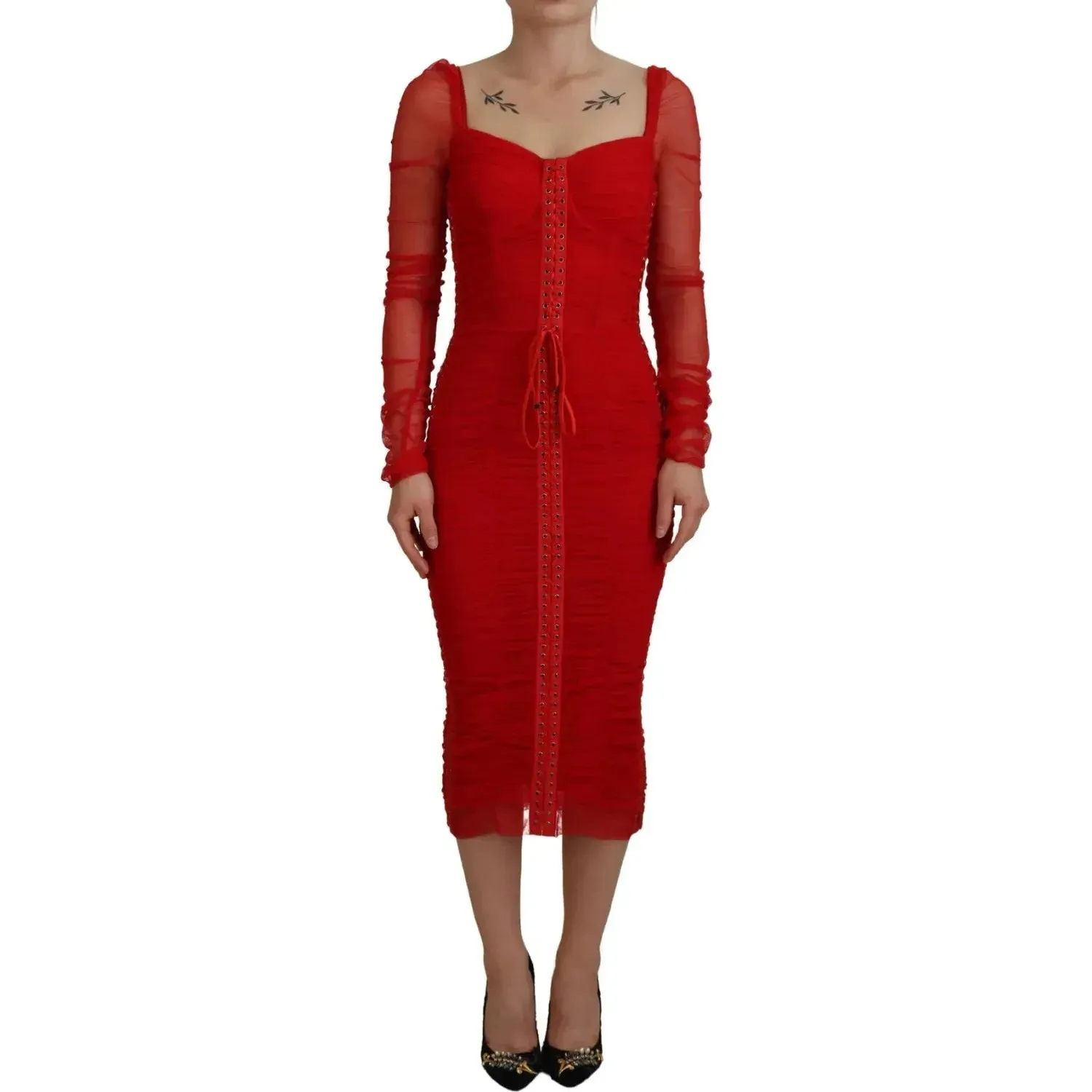 Dolce & Gabbana Red Mesh Trim Bodycon Sheath Midi Dress