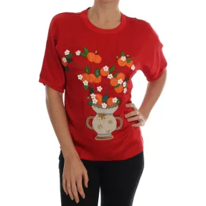 Dolce & Gabbana Red Silk Floral Embroidered Elegance Top