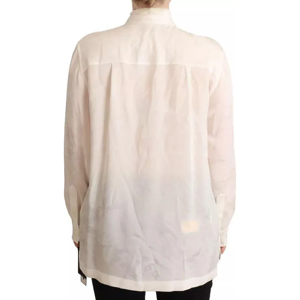 Dolce & Gabbana White Blouse Ascot Collar Shirt Silk Button Top