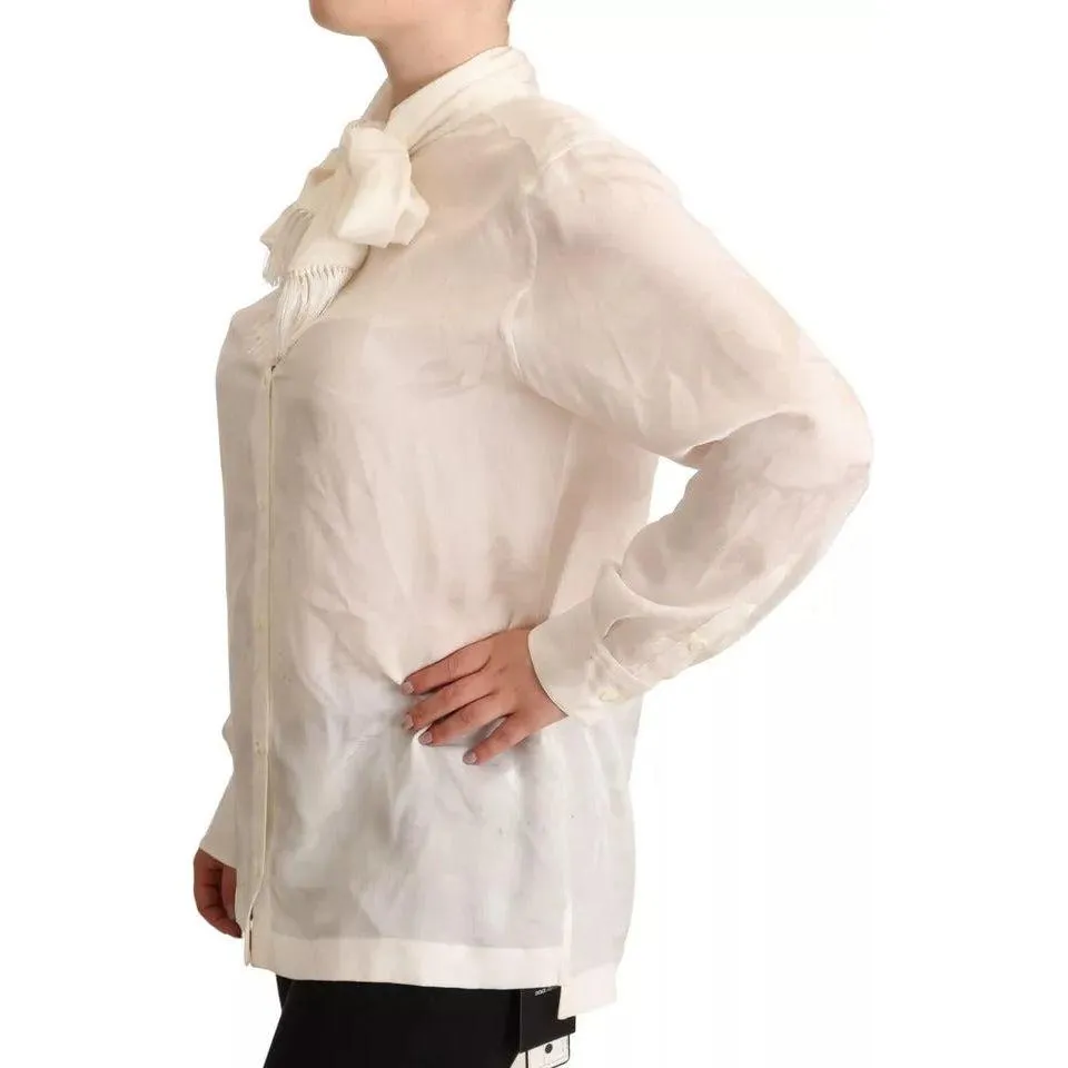 Dolce & Gabbana White Blouse Ascot Collar Shirt Silk Button Top