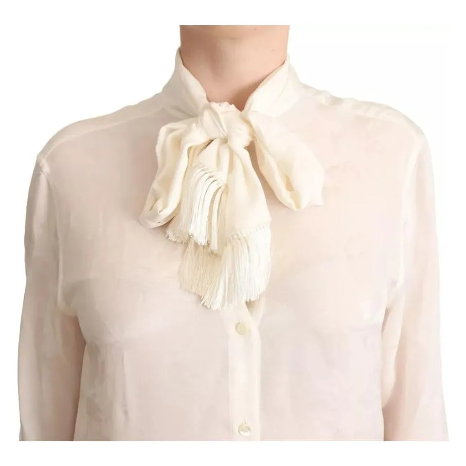 Dolce & Gabbana White Blouse Ascot Collar Shirt Silk Button Top