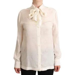 Dolce & Gabbana White Blouse Ascot Collar Shirt Silk Button Top