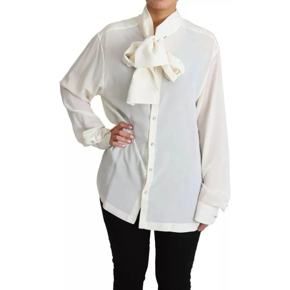 Dolce & Gabbana White Blouse Ascot Collar Shirt Silk Top