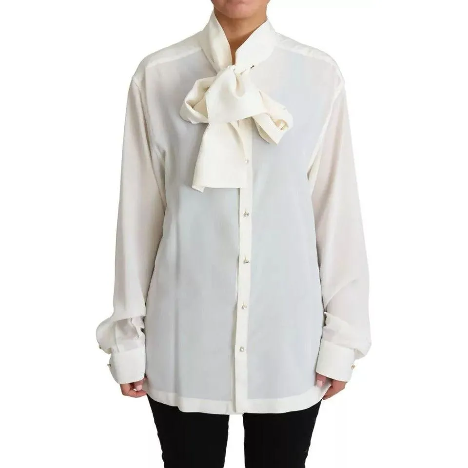 Dolce & Gabbana White Blouse Ascot Collar Shirt Silk Top