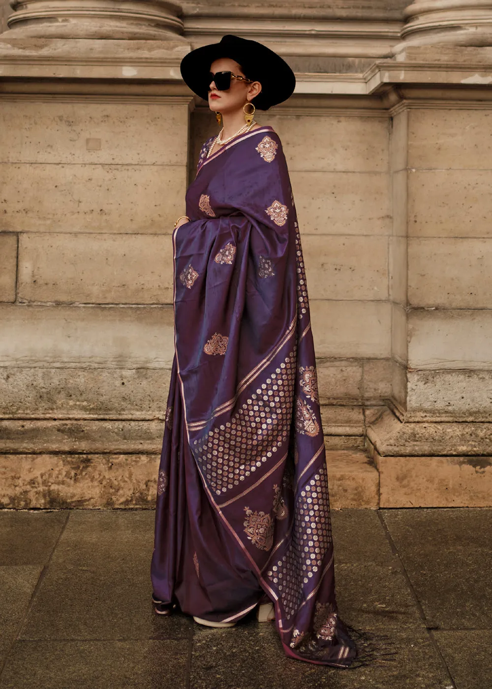 Elegant Blackberry Wine Pure Satin Silk Designer Saree