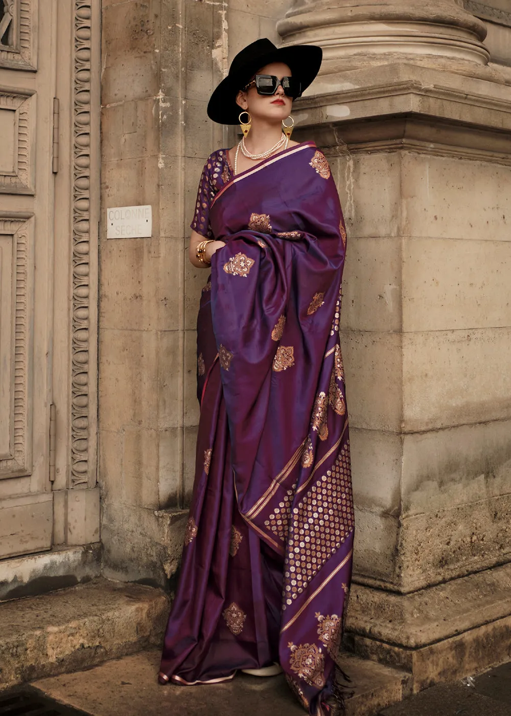 Elegant Blackberry Wine Pure Satin Silk Designer Saree