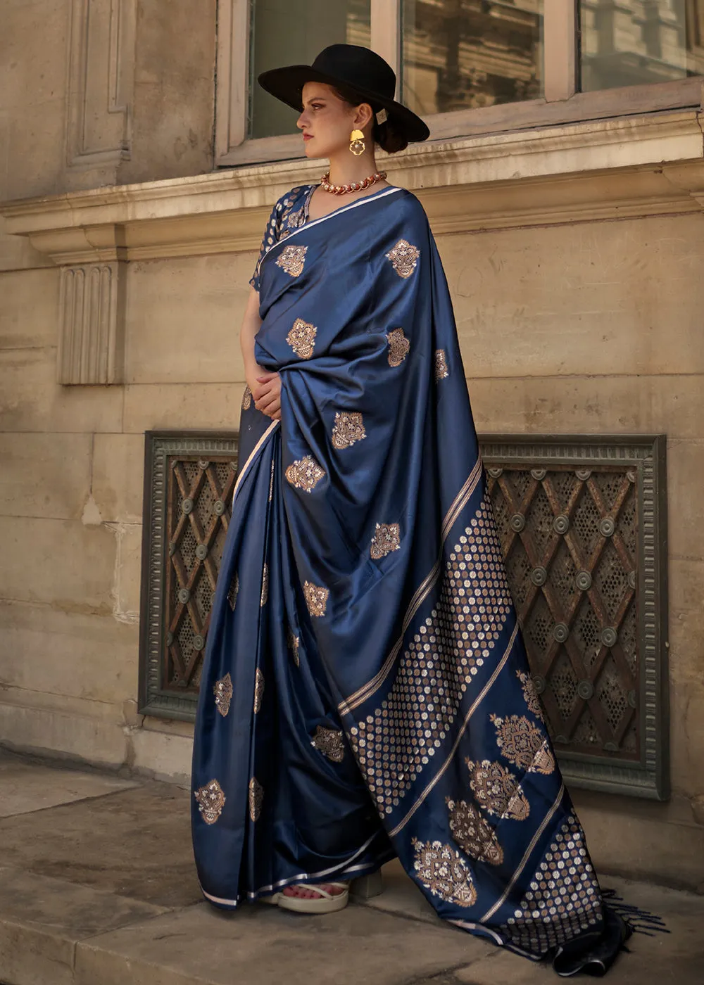 Elegant Navy Blue Pure Satin Silk Designer Saree