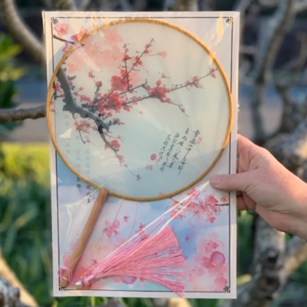 Elegant Round Silk Fan (sheer) - Red Cherry Blossoms