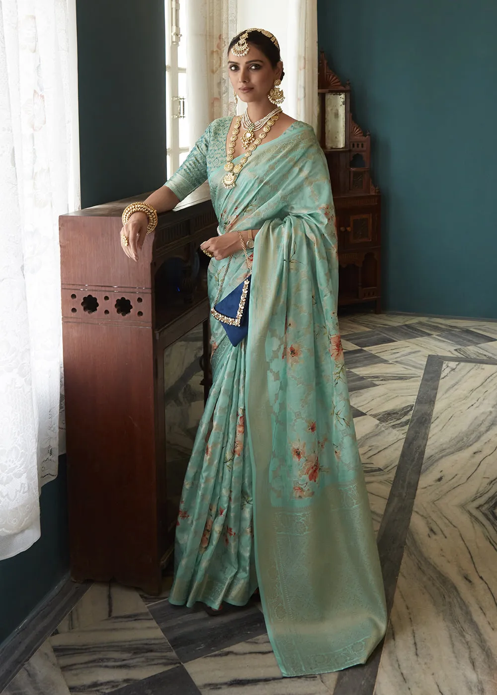 Enchanting Ice Blue Floral Printed Soft Silk Designer Saree