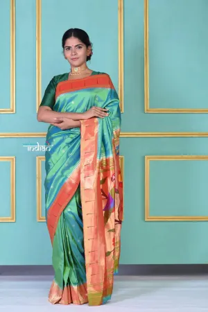 EXCLUSIVE!Authentic Handloom Pure Silk Sea Green Muniya Border Paithani with Authentic Zari Peacock Pallu!