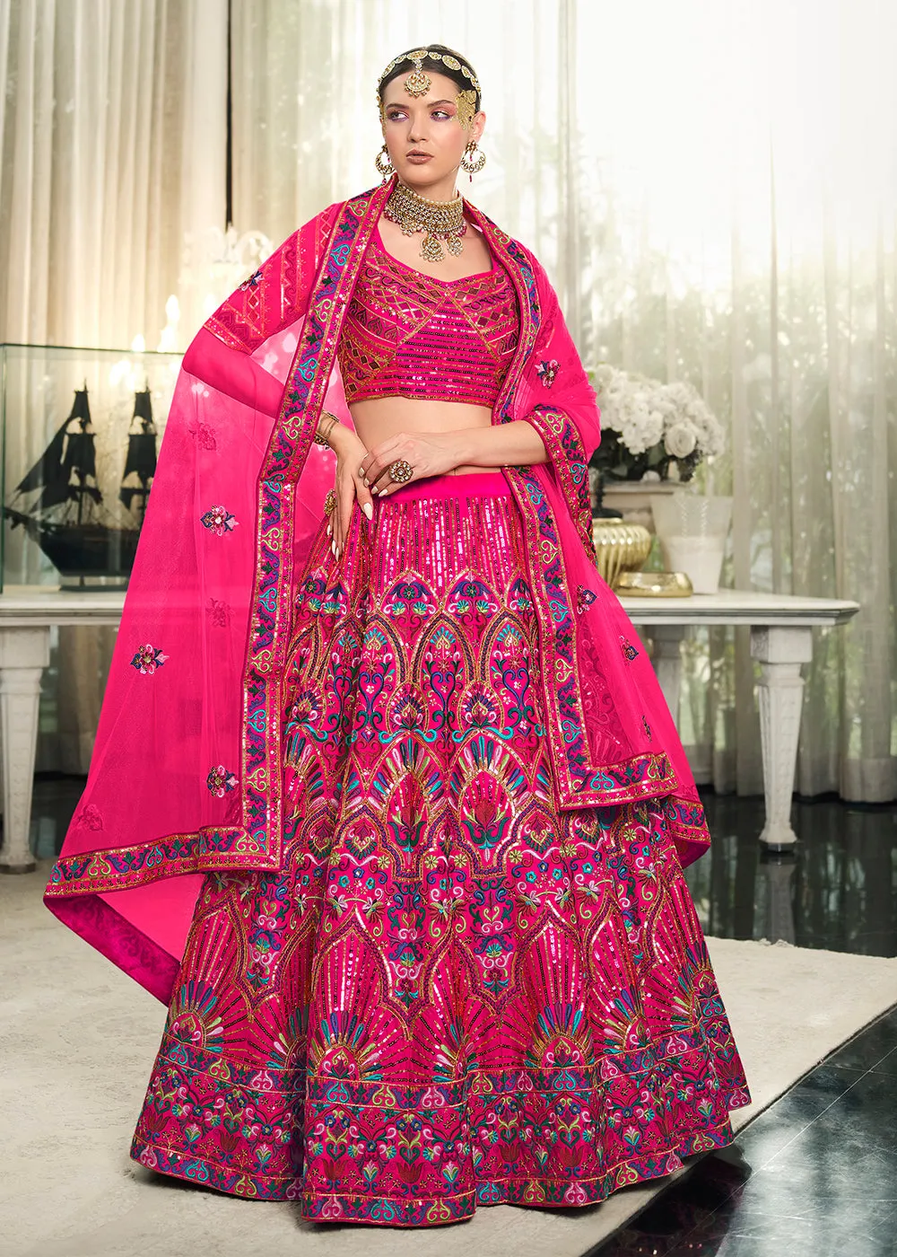 Festive Deep Pink Sequins Embroidered Wedding Trendy Lehenga