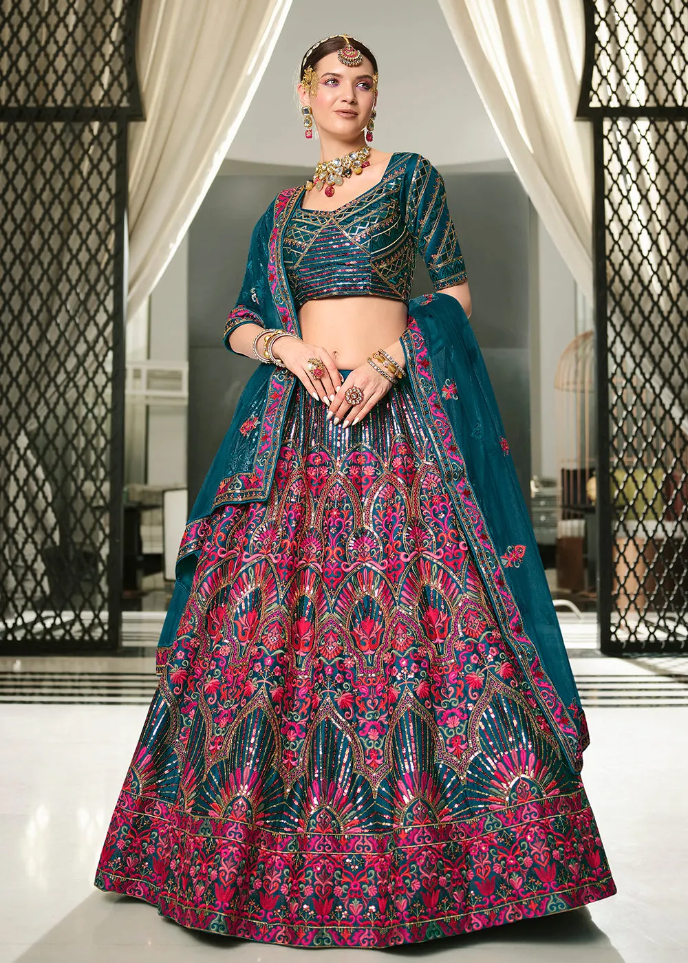 Festive Teal Blue Sequins Embroidered Wedding Trendy Lehenga