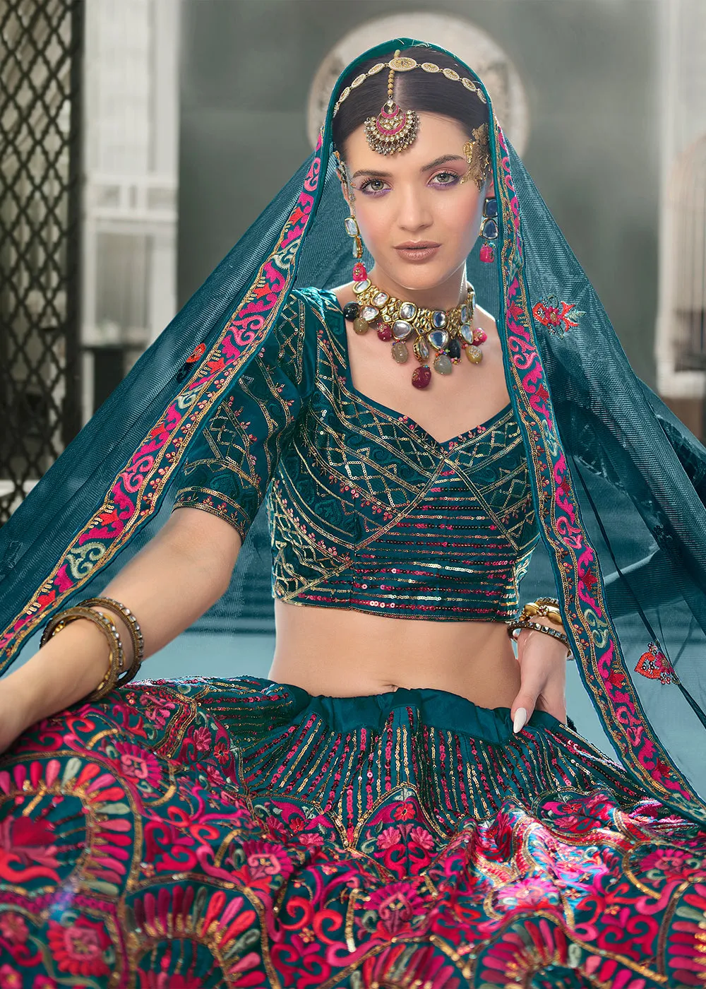 Festive Teal Blue Sequins Embroidered Wedding Trendy Lehenga