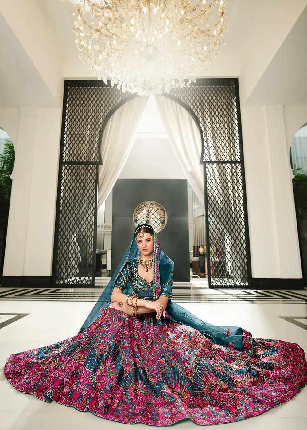 Festive Teal Blue Sequins Embroidered Wedding Trendy Lehenga