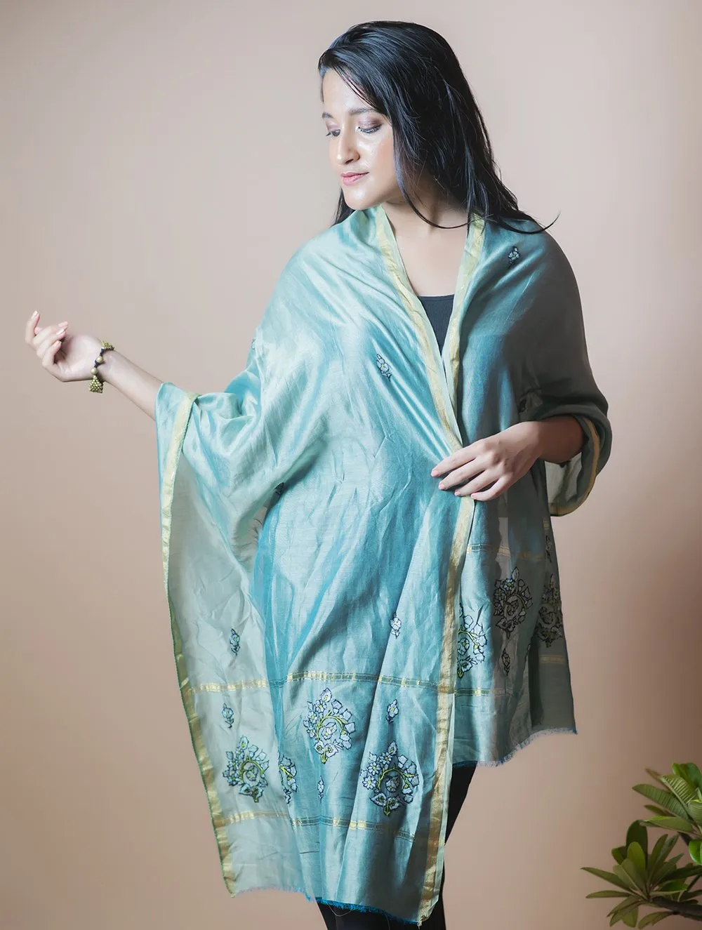 Fine Kashmiri Embroidered Chanderi Stole - Sea Green & Soft Blue