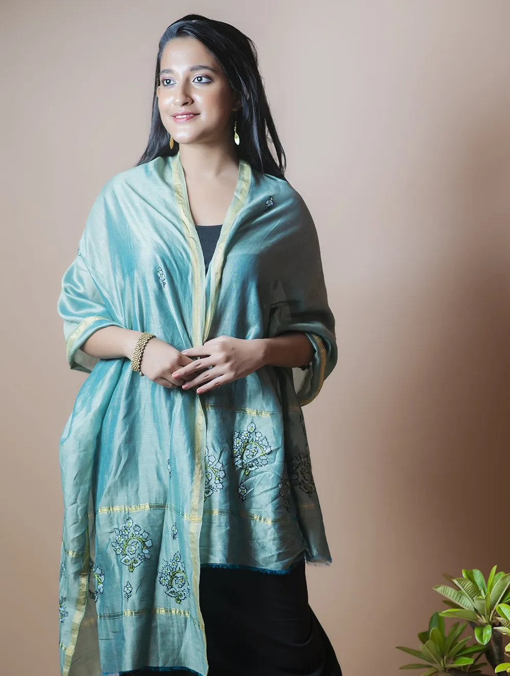 Fine Kashmiri Embroidered Chanderi Stole - Sea Green & Soft Blue