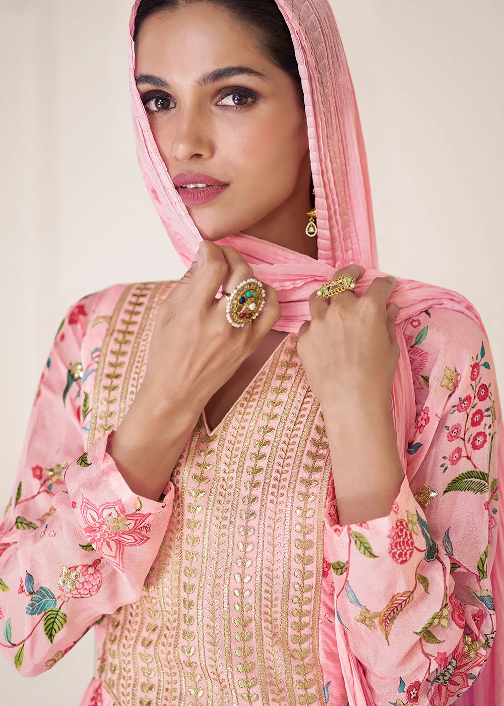 Floral Printed Pink Premium Organza Silk Gharara Style Suit