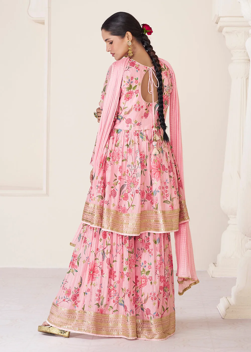 Floral Printed Pink Premium Organza Silk Gharara Style Suit