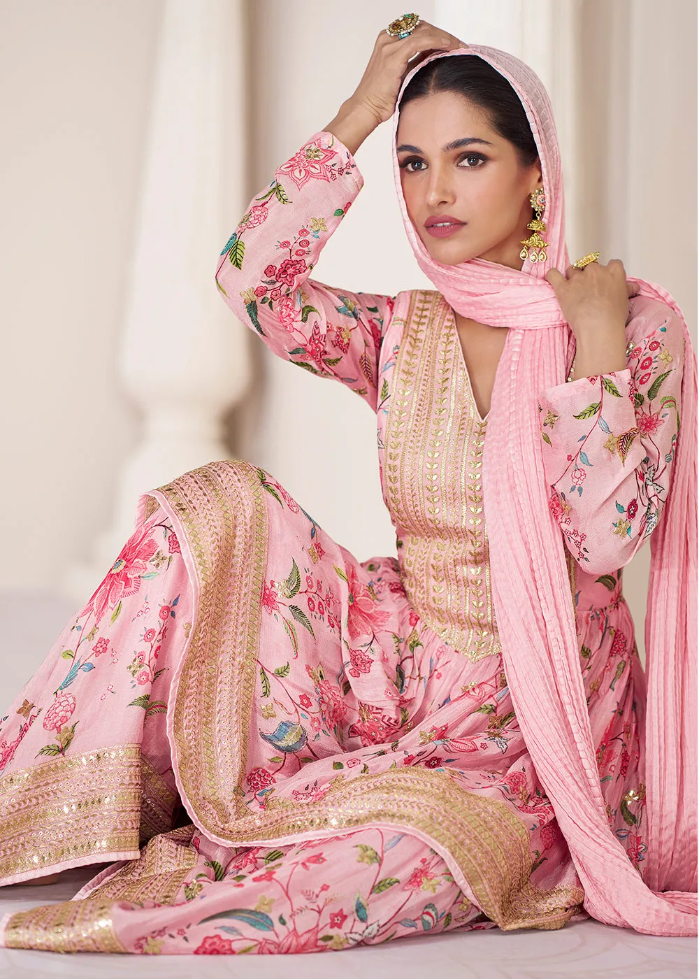 Floral Printed Pink Premium Organza Silk Gharara Style Suit