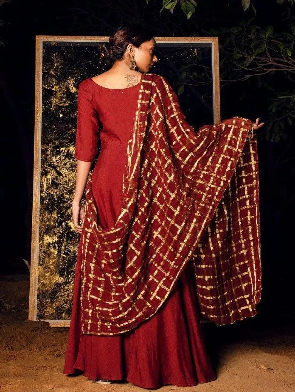 Gati - Rust Dress With Attached Dupatta