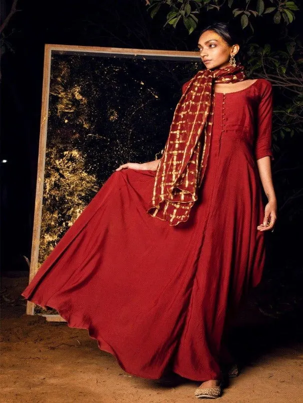 Gati - Rust Dress With Attached Dupatta