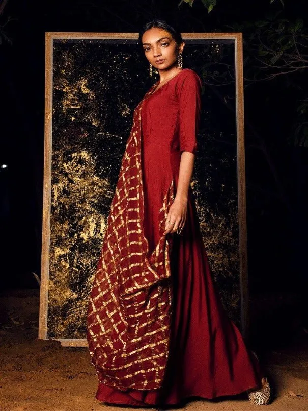 Gati - Rust Dress With Attached Dupatta