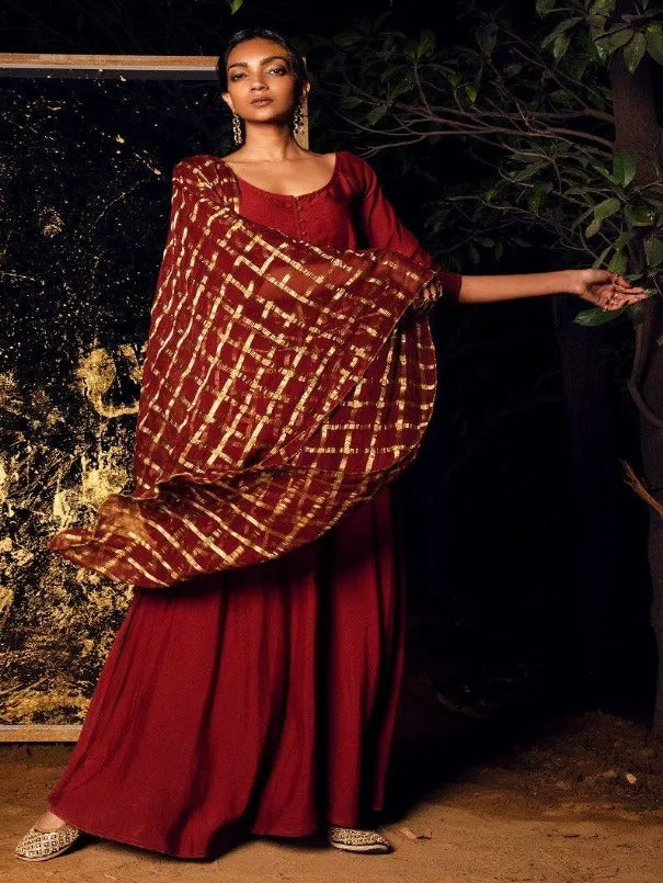 Gati - Rust Dress With Attached Dupatta