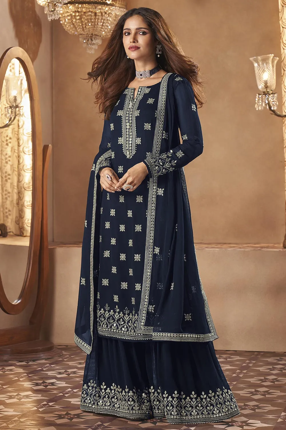 Georgette Navy Blue Mirror Embroidered Sharara Suit