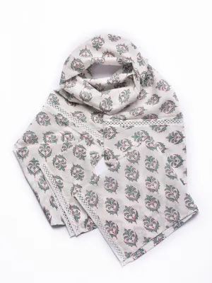 Green Buta On White Block Print Cotton Stole