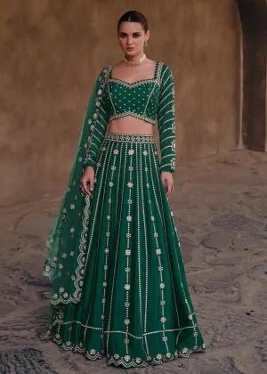 Green Party Wear Chinnon Silk Designer Lehenga Choli