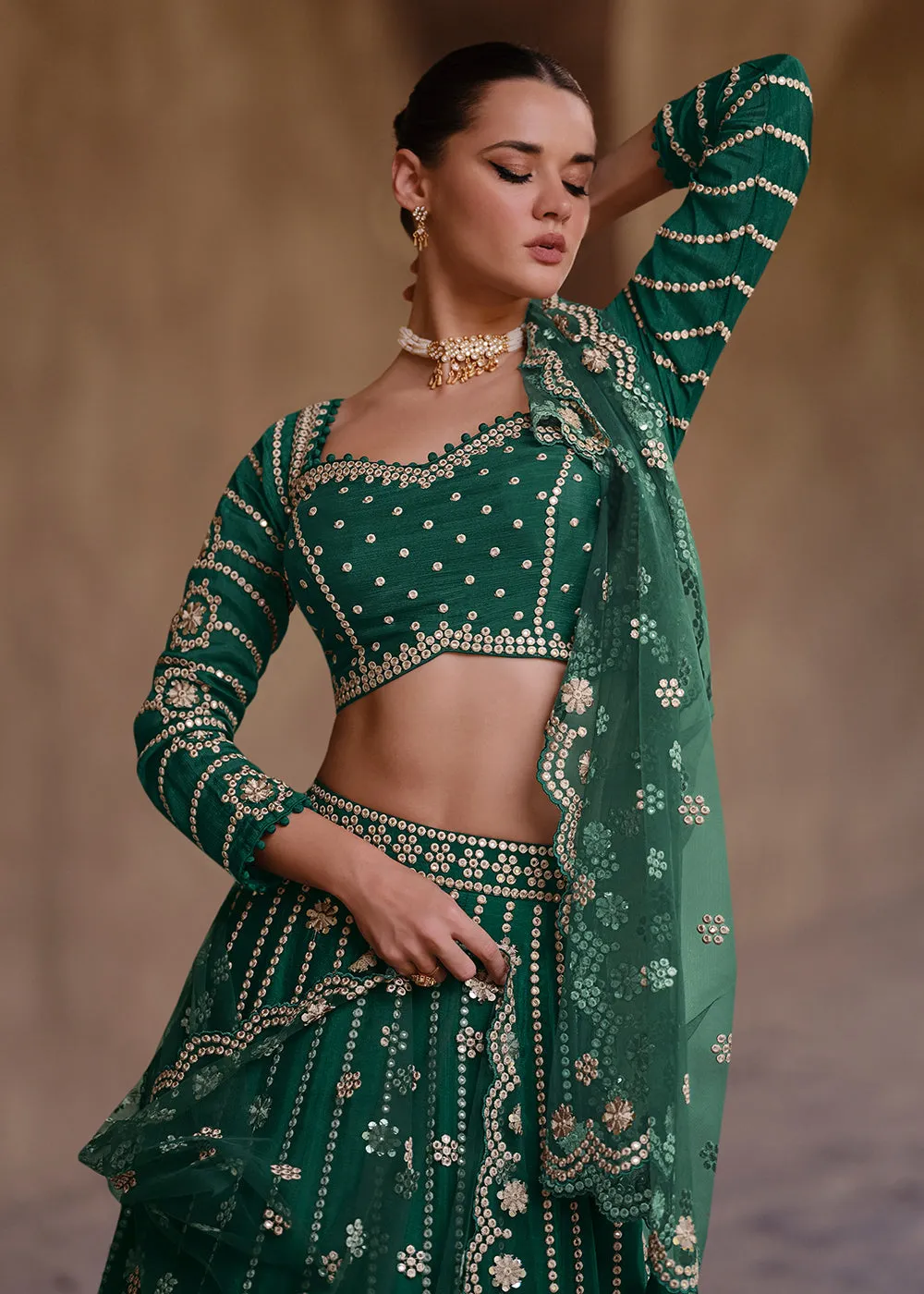 Green Party Wear Chinnon Silk Designer Lehenga Choli