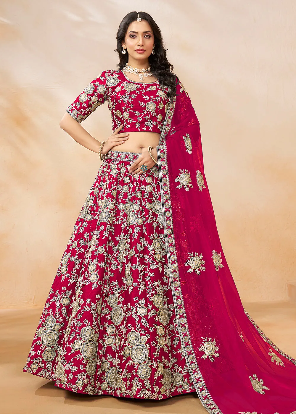 Hot Pink Embroidered Art Silk Wedding Lehenga Choli