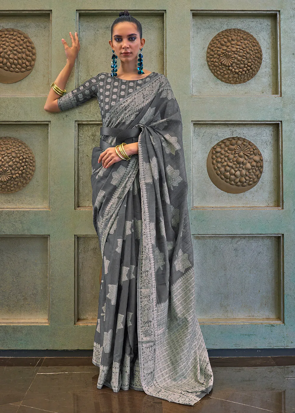 Iron Grey Chikankari Weaving Silk Saree with Sequins work