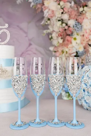 Set of 4 Light Blue Quinceañera Champagne Glasses