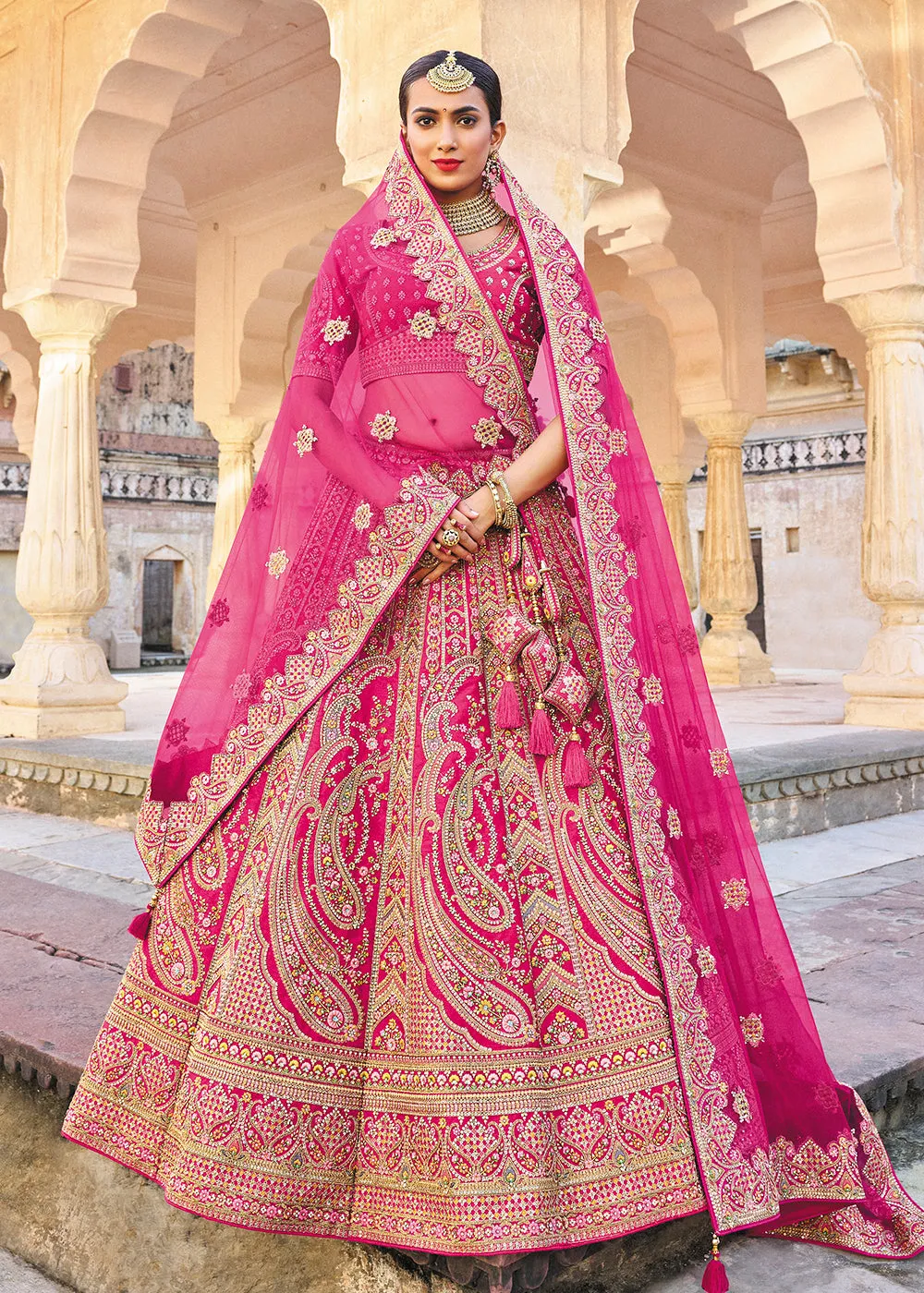 Magenta Pink Bridal Wear Heavy Embroidered Silk Lehenga Choli