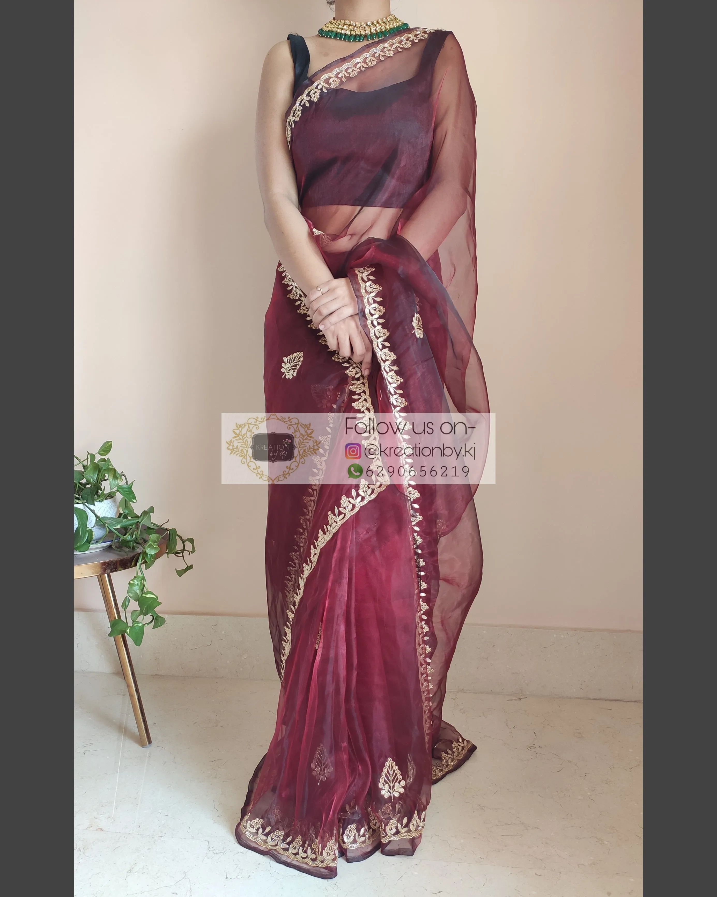 Maroon Glass Tissue Saree With Gota Patti Border