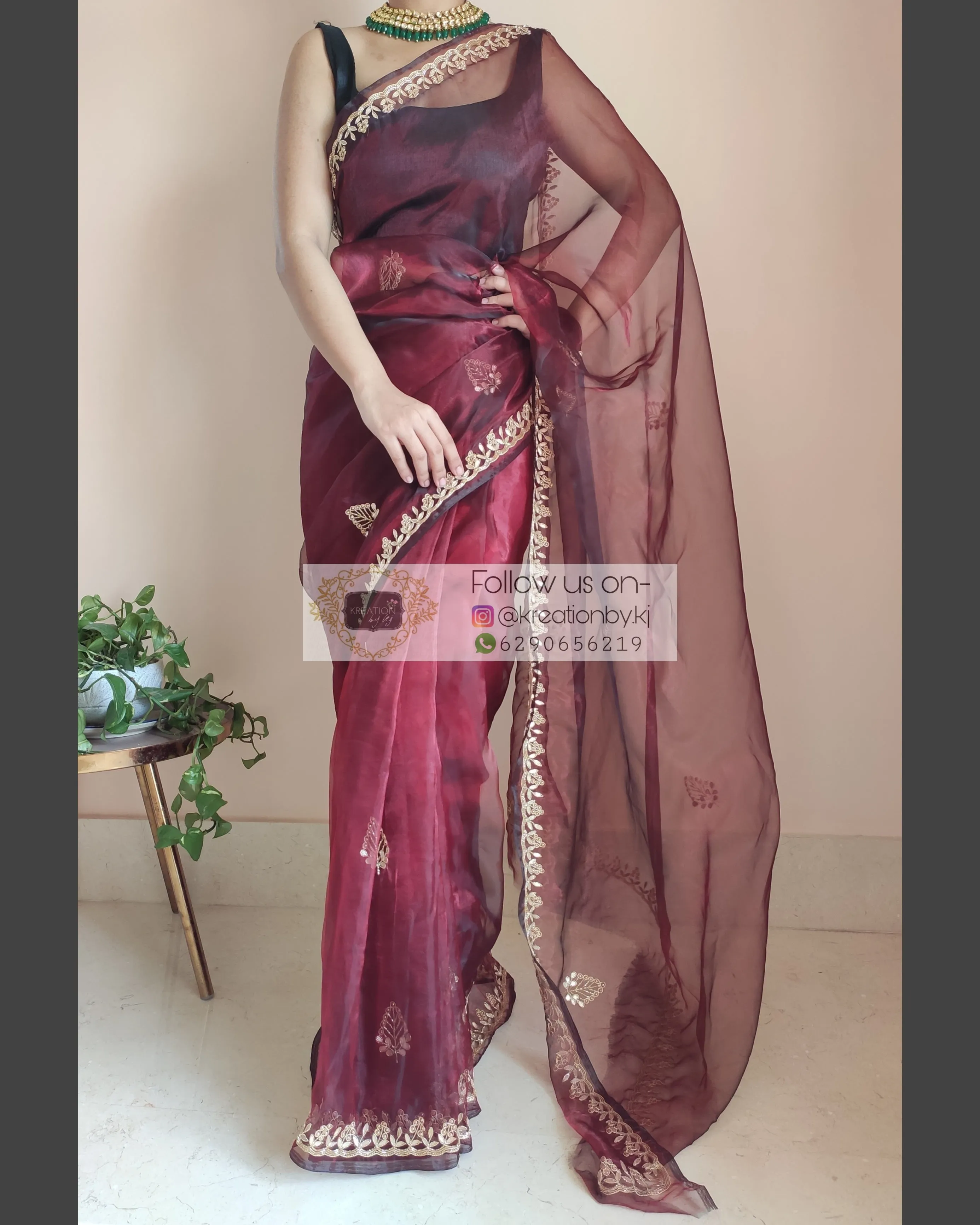 Maroon Glass Tissue Saree With Gota Patti Border