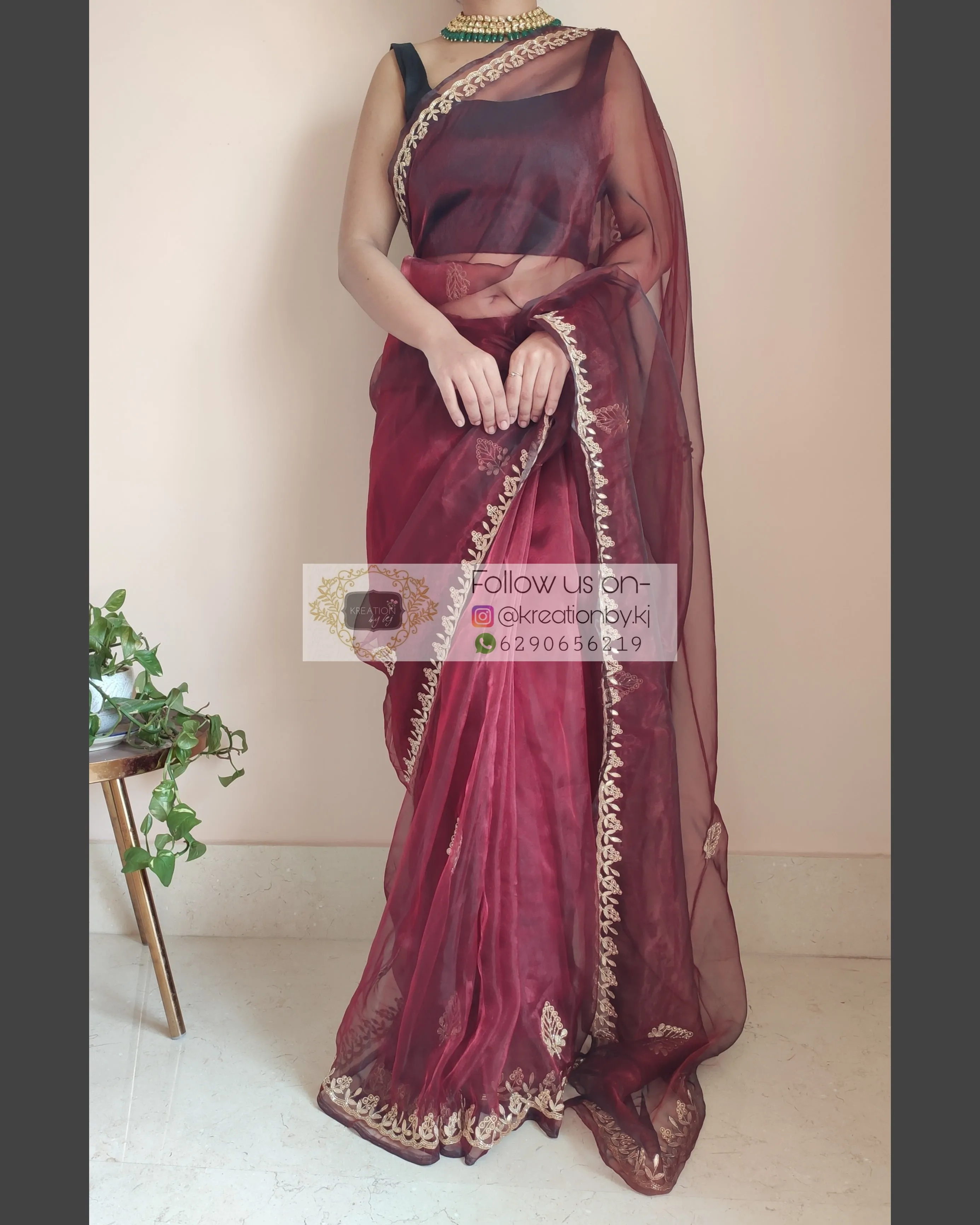 Maroon Glass Tissue Saree With Gota Patti Border