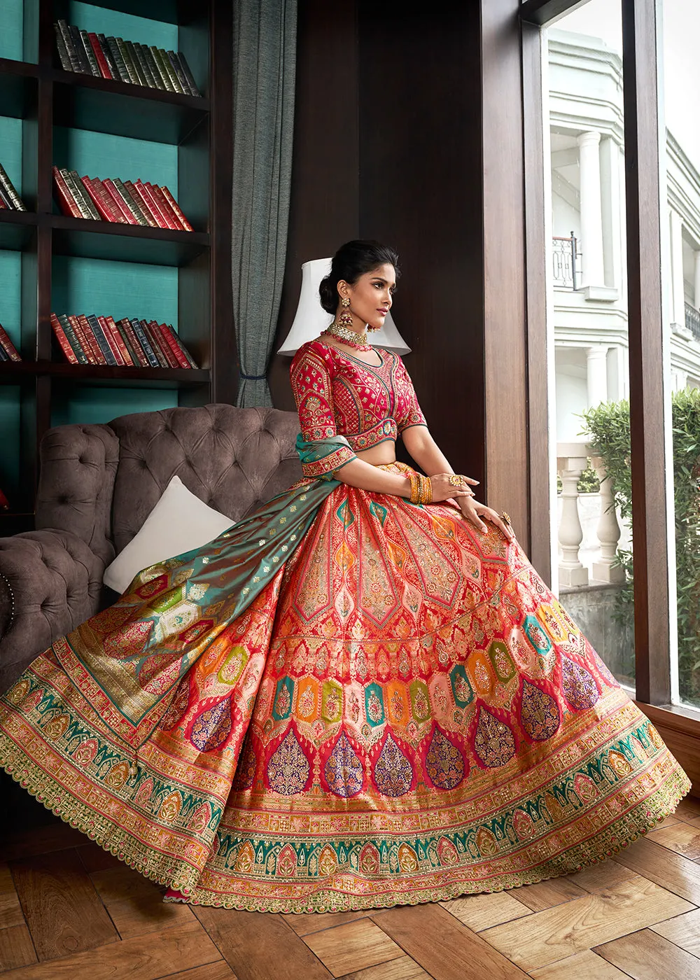 Multicolor Banarasi Silk Embroidered Bridal Lehenga Choli