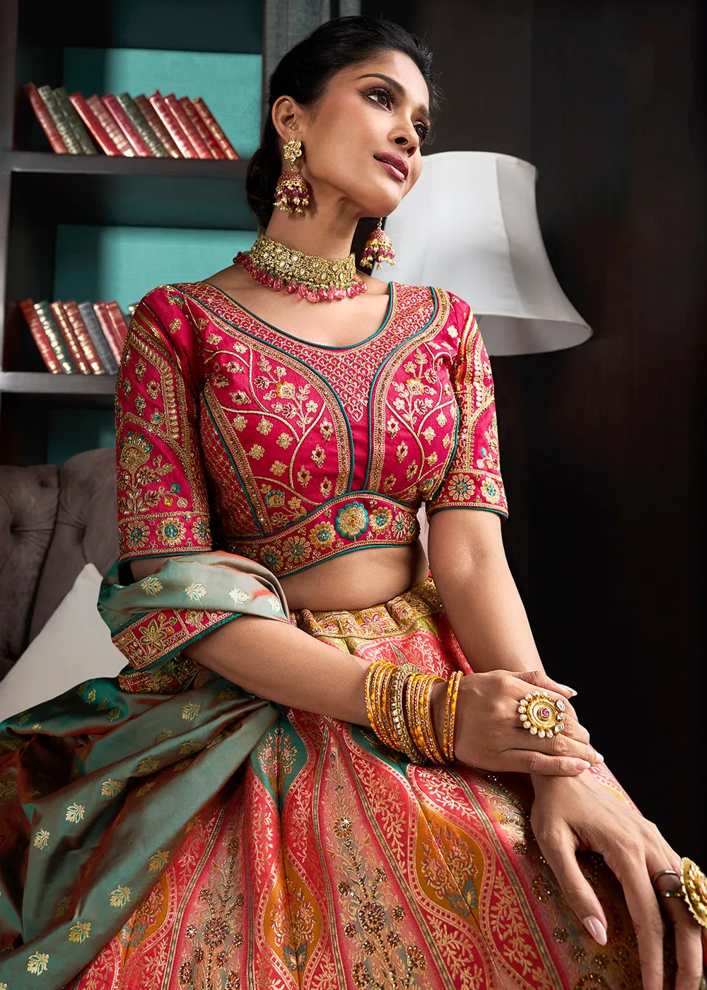 Multicolor Banarasi Silk Embroidered Bridal Lehenga Choli