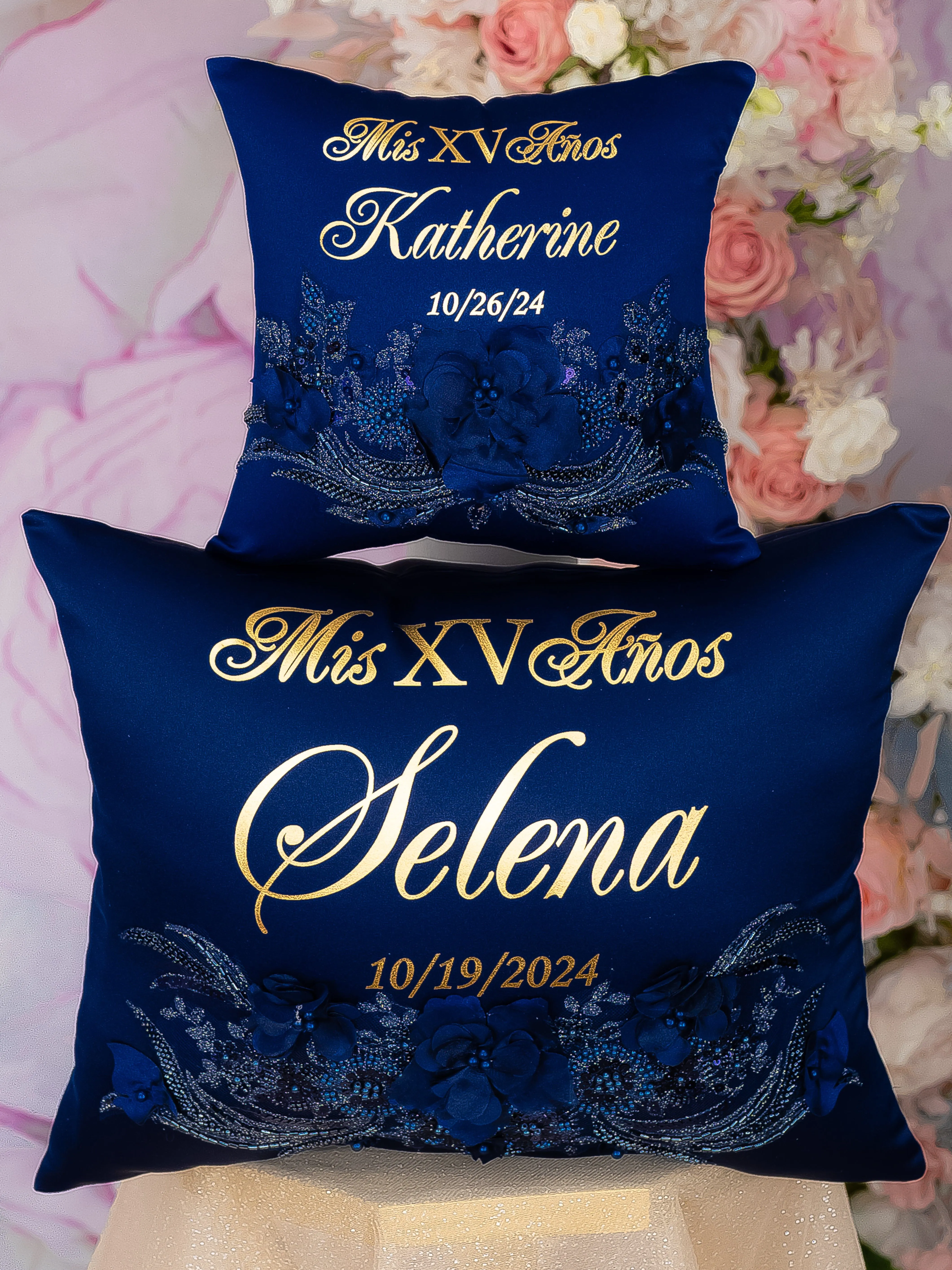 Navy Blue with gold Quinceanera pillows set and oso